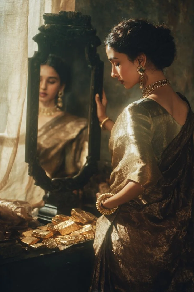 Heritage-inspired sari styling reflected in a mirror